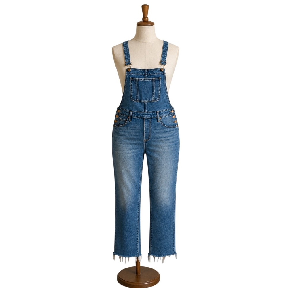 Universal Thread Medium Wash Denim Overalls Raw Hem Straight Leg Blue Womens